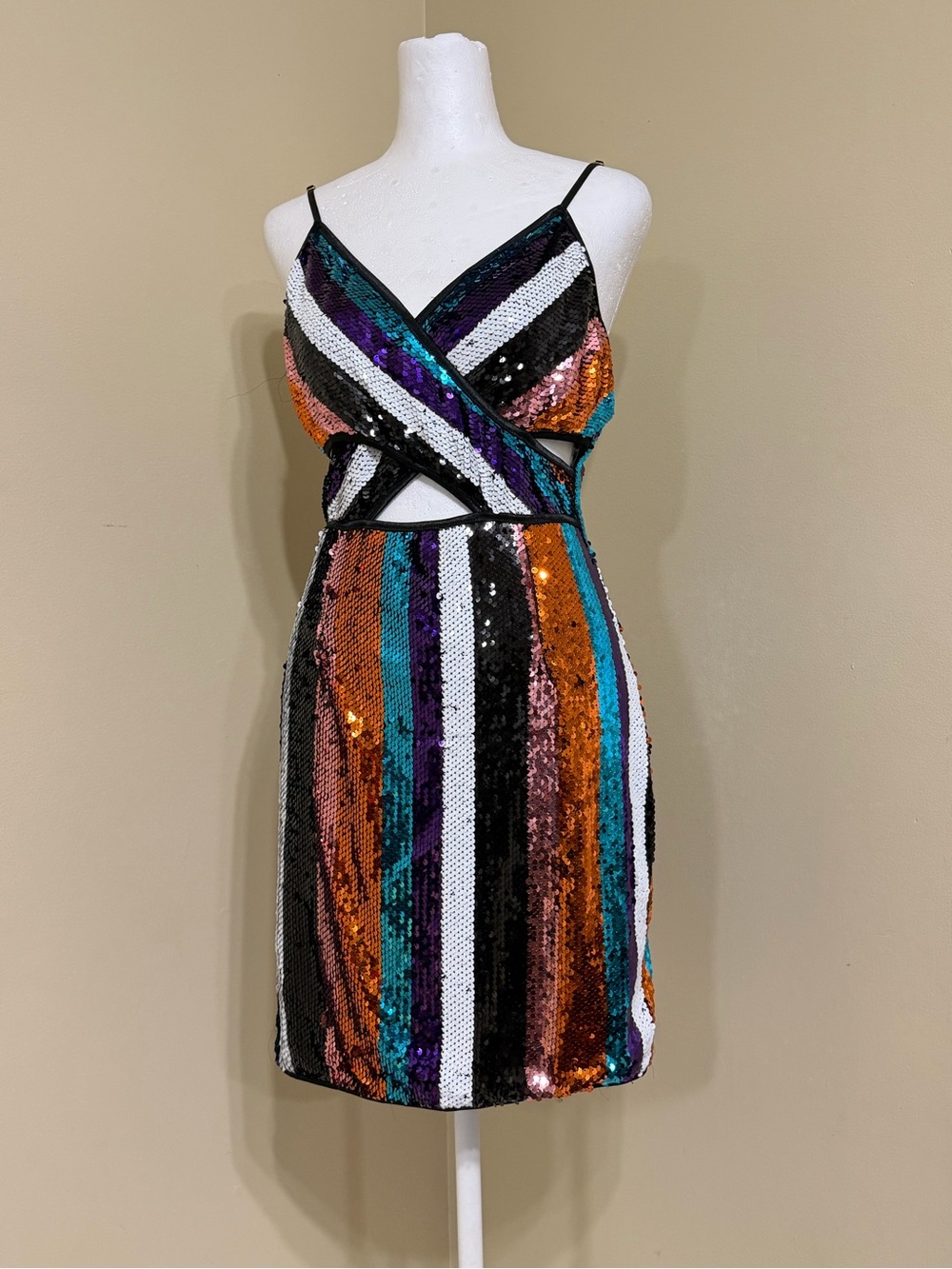 a'gaci Multicolor Sequin Striped Cutout Mini Dress